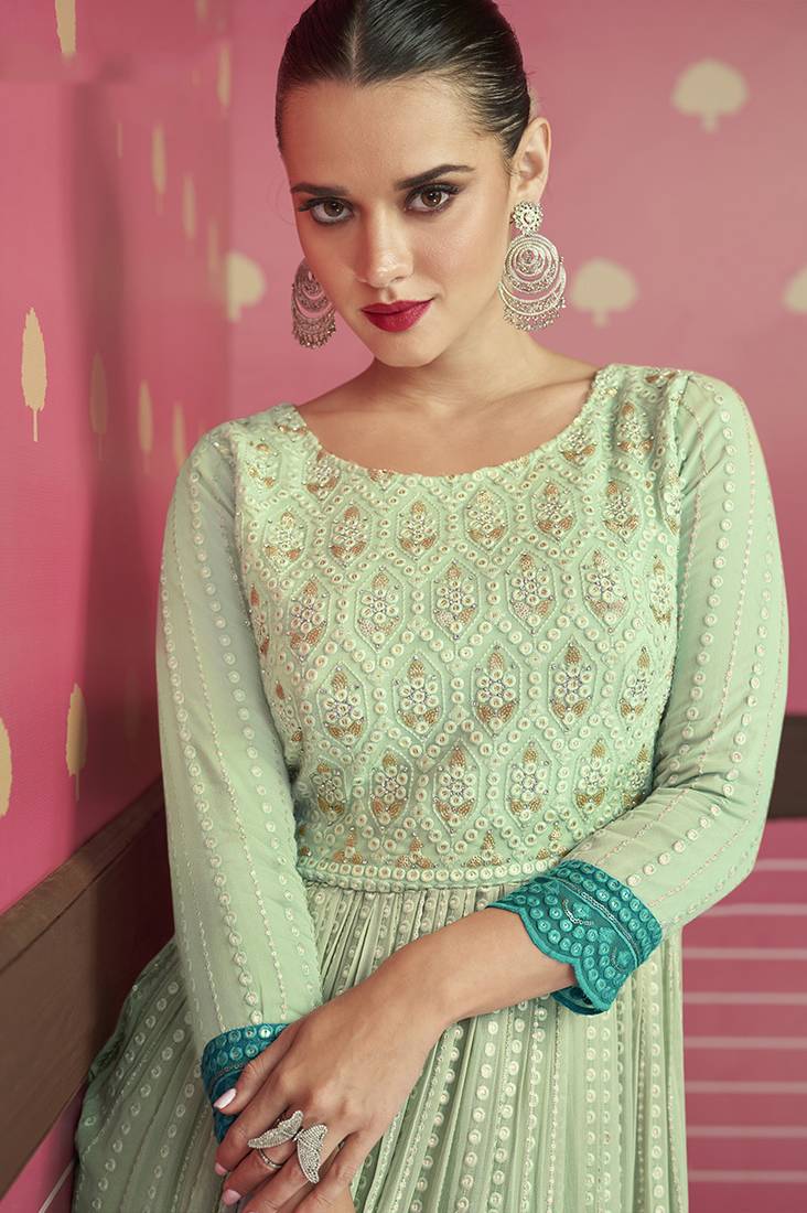 Mint Green Cotton Thread Work Festival Wear Salwar Kameez