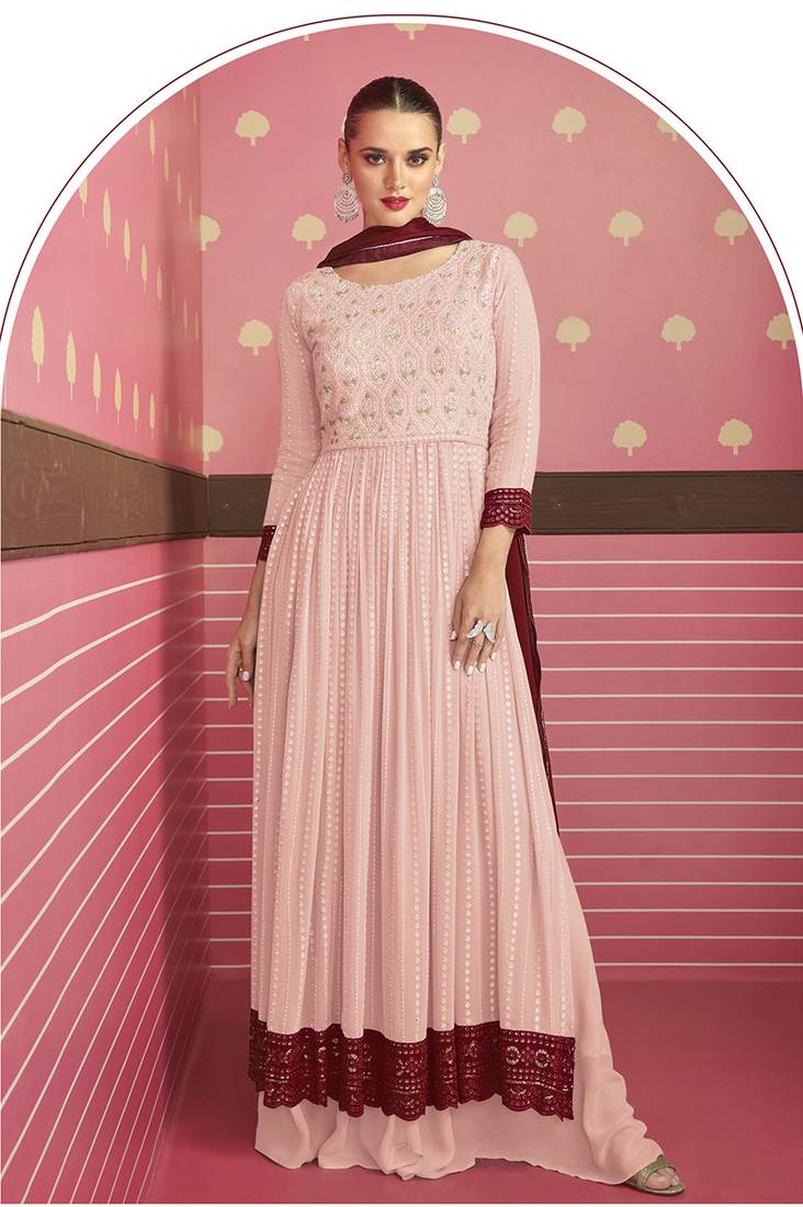 Ligth Red Cotton Thread Work Festival Wear Salwar Kameez