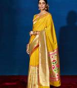 Yellow woven pure silk saree with blouse