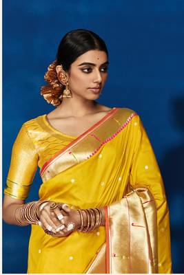 Yellow woven pure silk saree with blouse 3