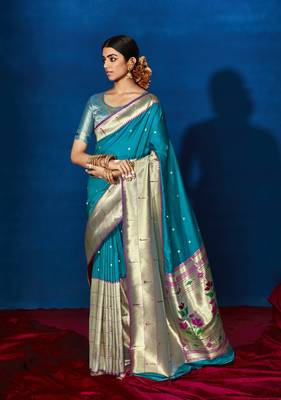 Blue woven pure silk saree with blouse 1
