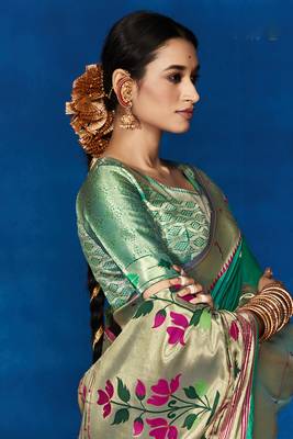 Sea green woven pure silk saree with blouse 2