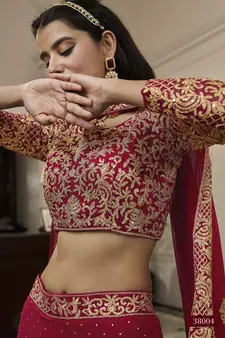 Glamourous Red Dori And Sequins Embroidered Georgette Lehenga Choli For Bride