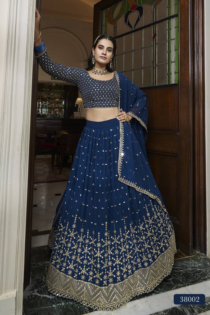 Blue zari and sequins emboidered georgette semi stitched lehenga choli for wedding