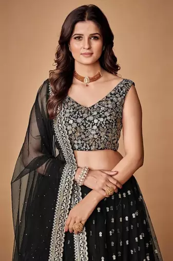 Black 3Mm And 5Mm Sequins Embroidered Net Lehenga Choli