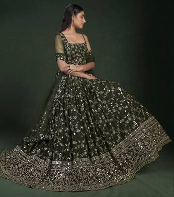 Mehendi Green Zari And Sequins Embroidered Georgette Indian Wedding Mehendi Ceremony Lehenga Dress 4