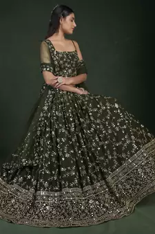 Mehendi Green Zari And Sequins Embroidered Georgette Indian Wedding Mehendi Ceremony Lehenga Dress