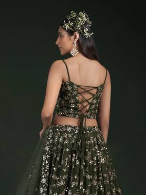 Mehendi Green Zari And Sequins Embroidered Georgette Indian Wedding Mehendi Ceremony Lehenga Dress 5