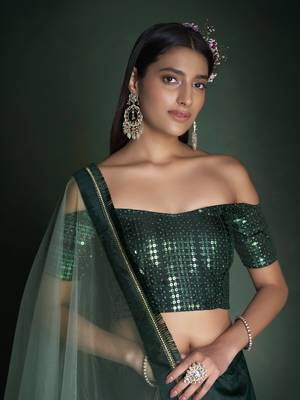  Green Sequins Embroidered Taffeta Silk Lehenga Choli For Bride 2