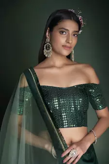  Green Sequins Embroidered Taffeta Silk Lehenga Choli For Bride