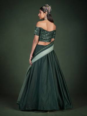  Green Sequins Embroidered Taffeta Silk Lehenga Choli For Bride 3