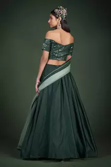  Green Sequins Embroidered Taffeta Silk Lehenga Choli For Bride