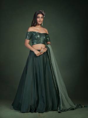  Green Sequins Embroidered Taffeta Silk Lehenga Choli For Bride 4