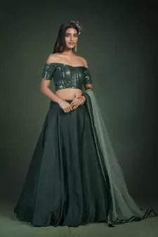  Green Sequins Embroidered Taffeta Silk Lehenga Choli For Bride
