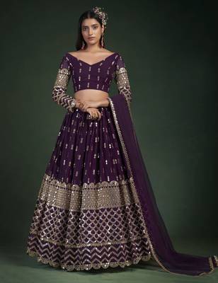 Wine Zari And Gota Work Embroidered Georgette Lehenga Choli 1