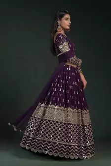 Wine Zari And Gota Work Embroidered Georgette Lehenga Choli