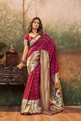 Rani pink woven pure silk saree with blouse 1