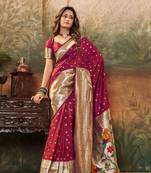 Rani pink woven pure silk saree with blouse