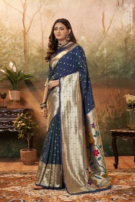 Navy blue woven pure silk saree with blouse 1