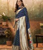 Navy blue woven pure silk saree with blouse