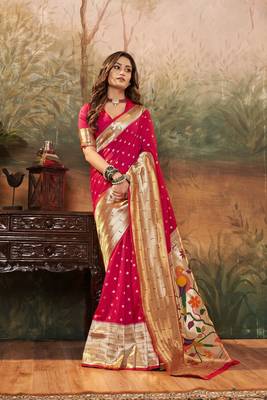 Pink woven pure silk saree with blouse 1