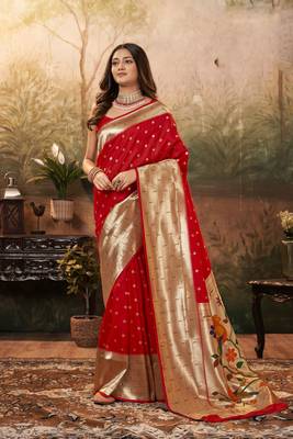 Red woven pure silk saree with blouse 1