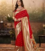 Red woven pure silk saree with blouse
