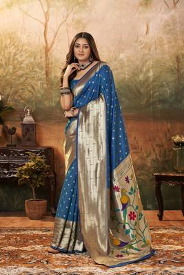 Blue woven pure silk saree with blouse 1