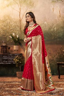 Dark pink woven pure silk saree with blouse 1