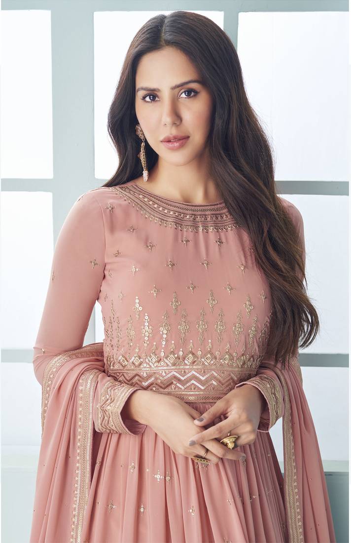 Peach Embroidered Georgette Festival Wear Anarkali Salwar