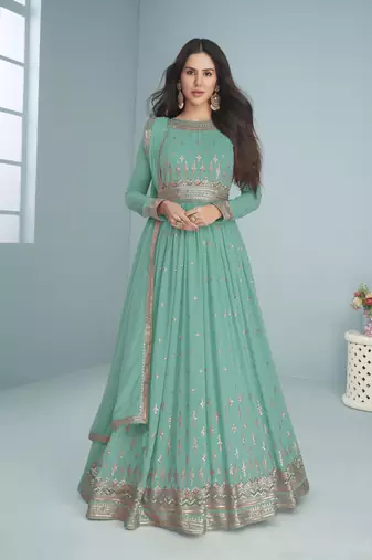 Turquoise Embroidered Georgette Festival Wear Anarkali Salwar