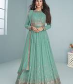 Turquoise Embroidered Georgette Festival Wear Anarkali Salwar