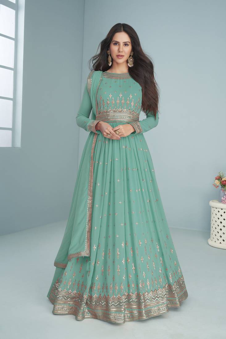Turquoise Embroidered Georgette Festival Wear Anarkali Salwar