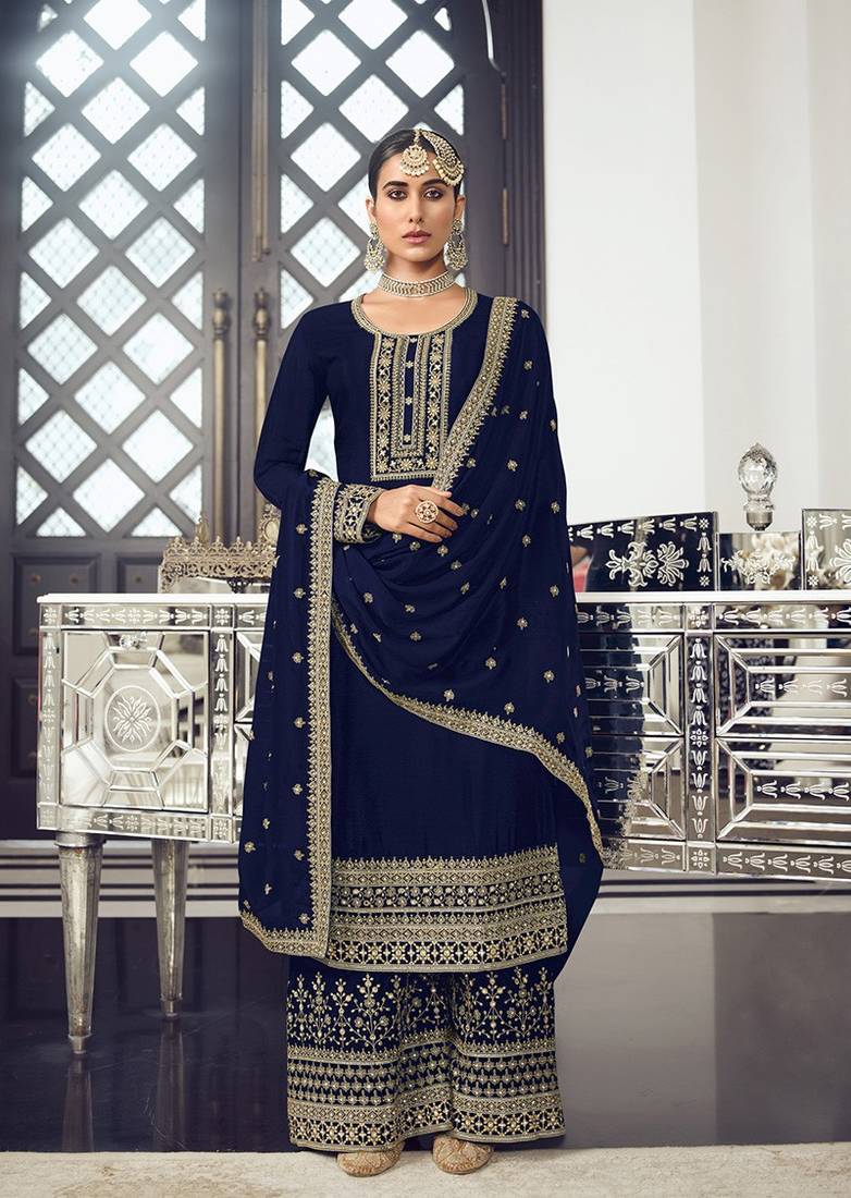 Navy blue color Dola Silk Pakistani style Suit Hirpara House