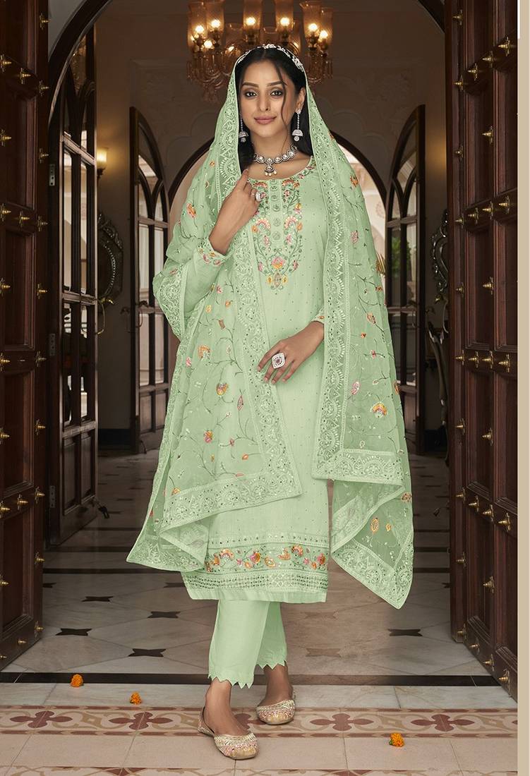 Parrot green color resham faux georgette pakistani suit