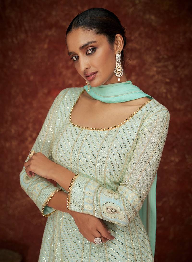 Light blue color Georgette Embroidered Floor Length Anarkali Suit