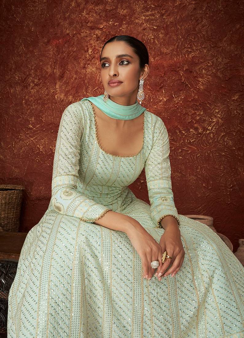 Light blue color Georgette Embroidered Floor Length Anarkali Suit