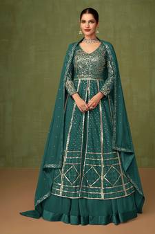 Teal Color Sequins Work Georgette Anarkali Salwar Kameez
