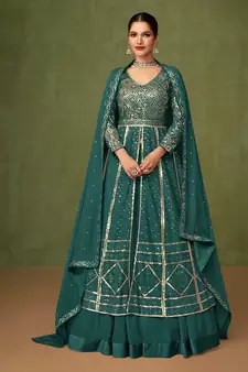 Teal Color Sequins Work Georgette Anarkali Salwar Kameez