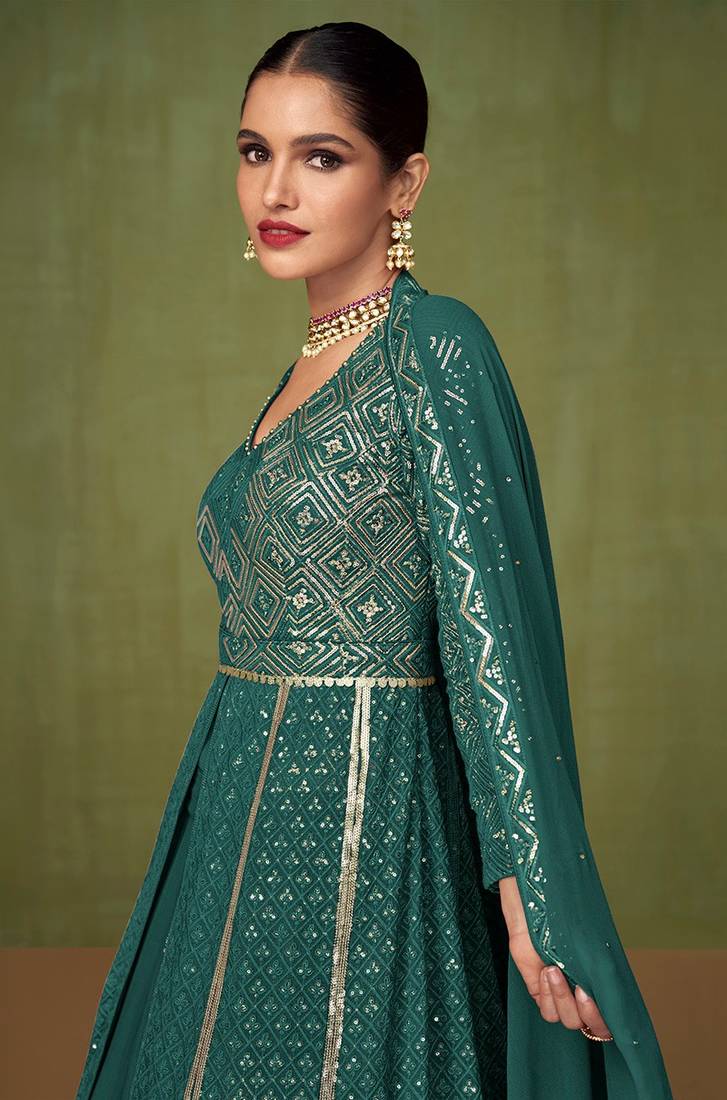 Teal Color Sequins Work Georgette Anarkali Salwar Kameez