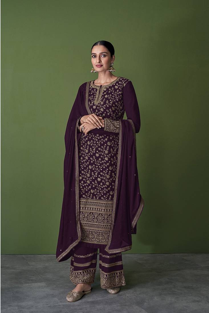 Wine Color Georgette Embroidered Palazzo Salwar Suit