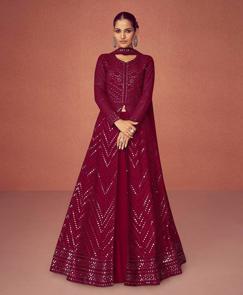 Wine Embroiedred Floor Length Salwar Kameez