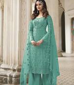 Designer Palazzo Suit Embroidered Net in Sky Blue