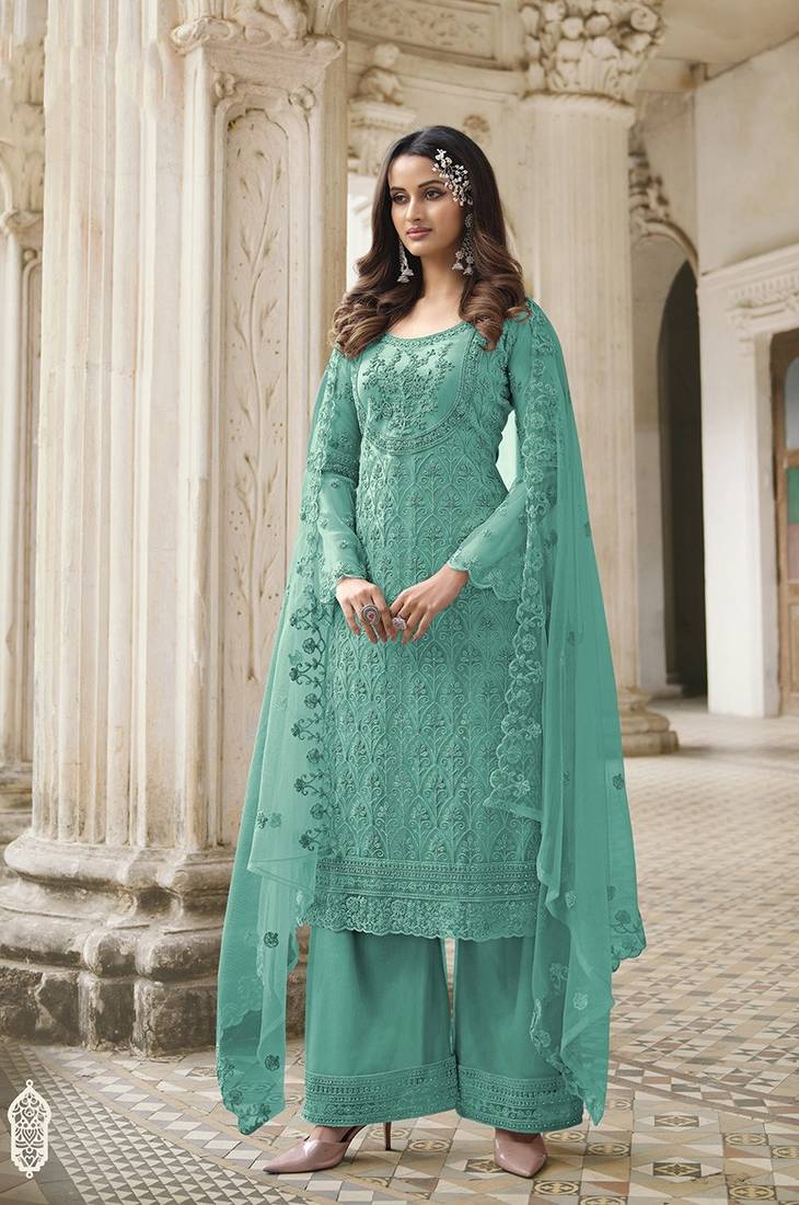 Designer Palazzo Suit Embroidered Net in Sky Blue