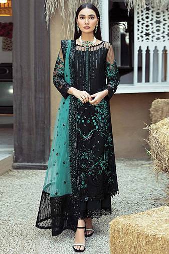 Black heavy Faux Georgette Embroidered UnStitched Kurta With Sky Net Embroideared Dupatta