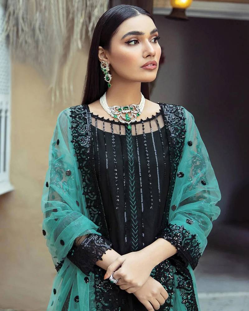 Black heavy Faux Georgette Embroidered UnStitched Kurta With Sky Net Embroideared Dupatta