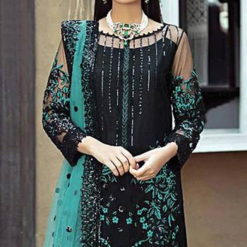 Black heavy Faux Georgette Embroidered Kurta With Sky Net Embroideared Dupatta 3
