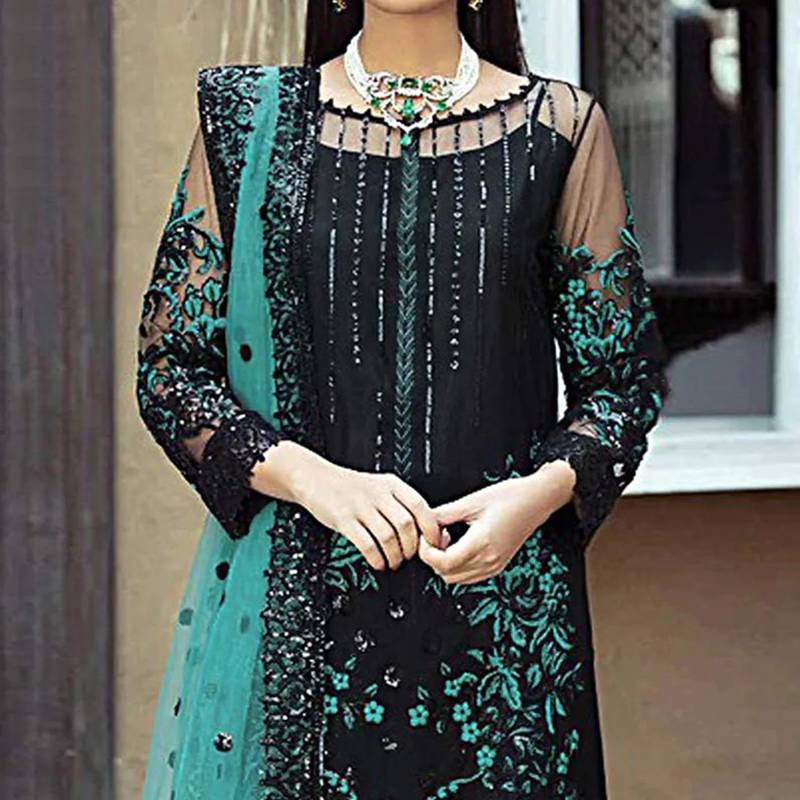 Black heavy Faux Georgette Embroidered UnStitched Kurta With Sky Net Embroideared Dupatta