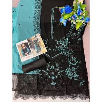 Black heavy Faux Georgette Embroidered Kurta With Sky Net Embroideared Dupatta 4