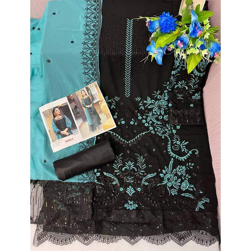 Black heavy Faux Georgette Embroidered UnStitched Kurta With Sky Net Embroideared Dupatta